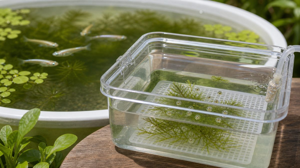 卵を隔離する別容器の準備の要点をまとめた淡水魚飼育インフォグラフィック