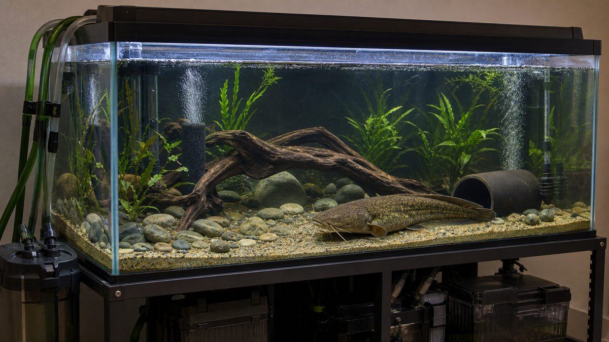 ナマズの飼育に必要な機材と設備の要点をまとめた淡水魚飼育インフォグラフィック
