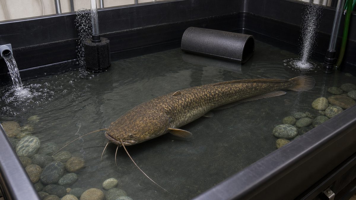 ナマズの大型化への備え〜トロ舟飼育への移行〜の要点をまとめた淡水魚飼育インフォグラフィック