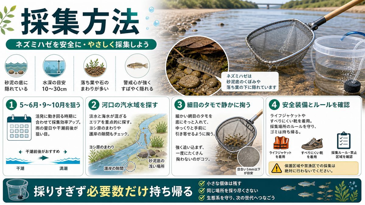 採集方法の要点をまとめた淡水魚飼育インフォグラフィック