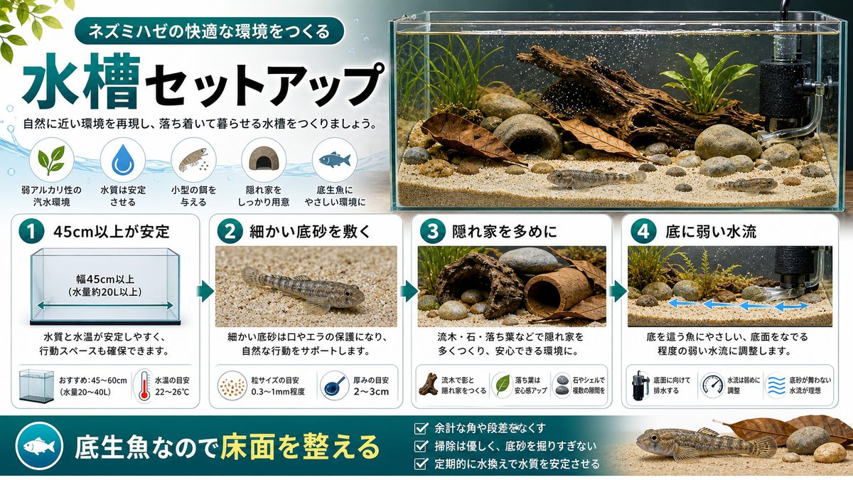 飼育水槽のセットアップの要点をまとめた淡水魚飼育インフォグラフィック