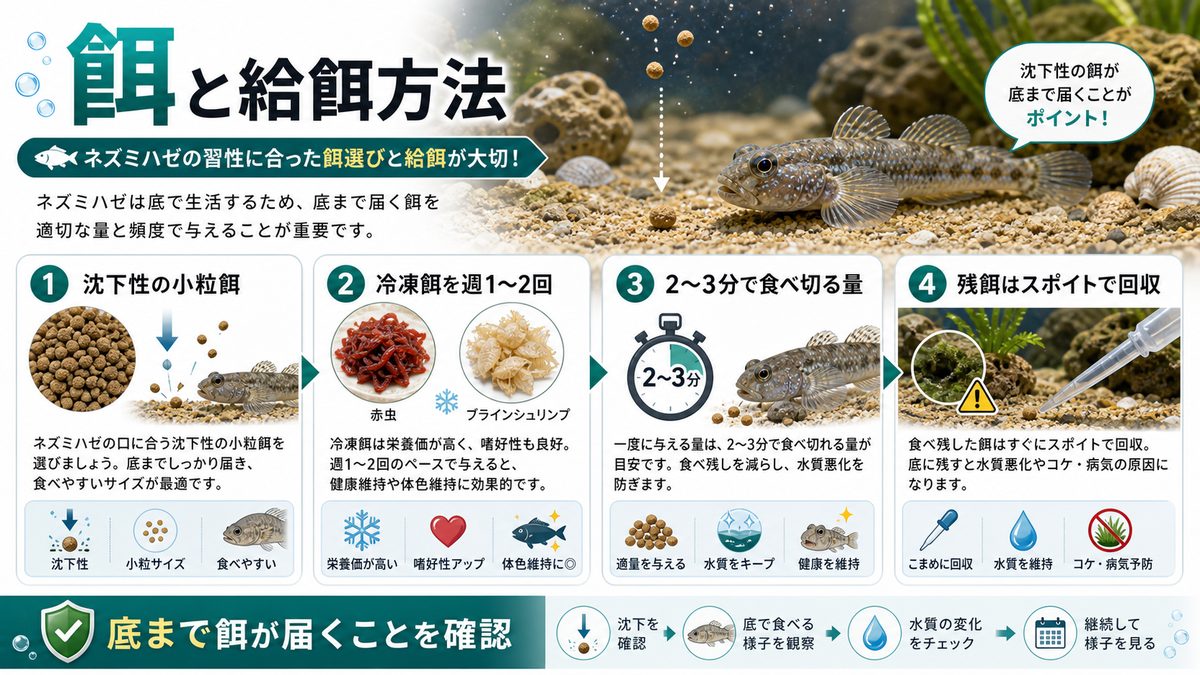 餌の選び方と給餌方法の要点をまとめた淡水魚飼育インフォグラフィック