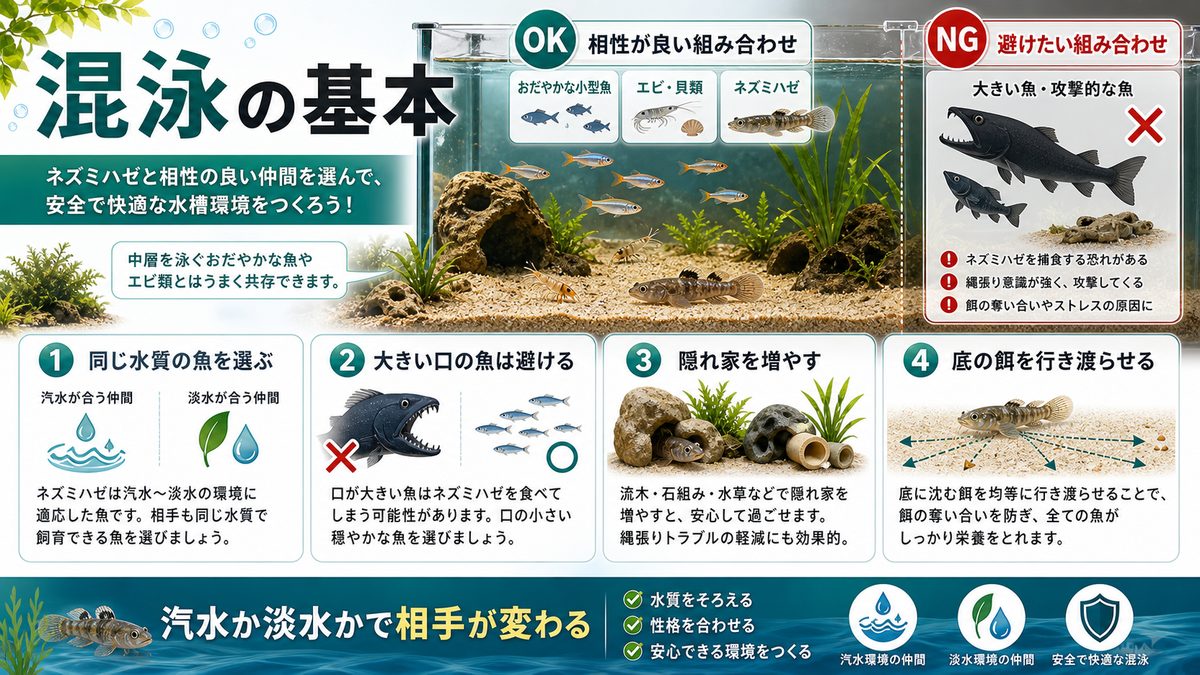 混泳についての要点をまとめた淡水魚飼育インフォグラフィック
