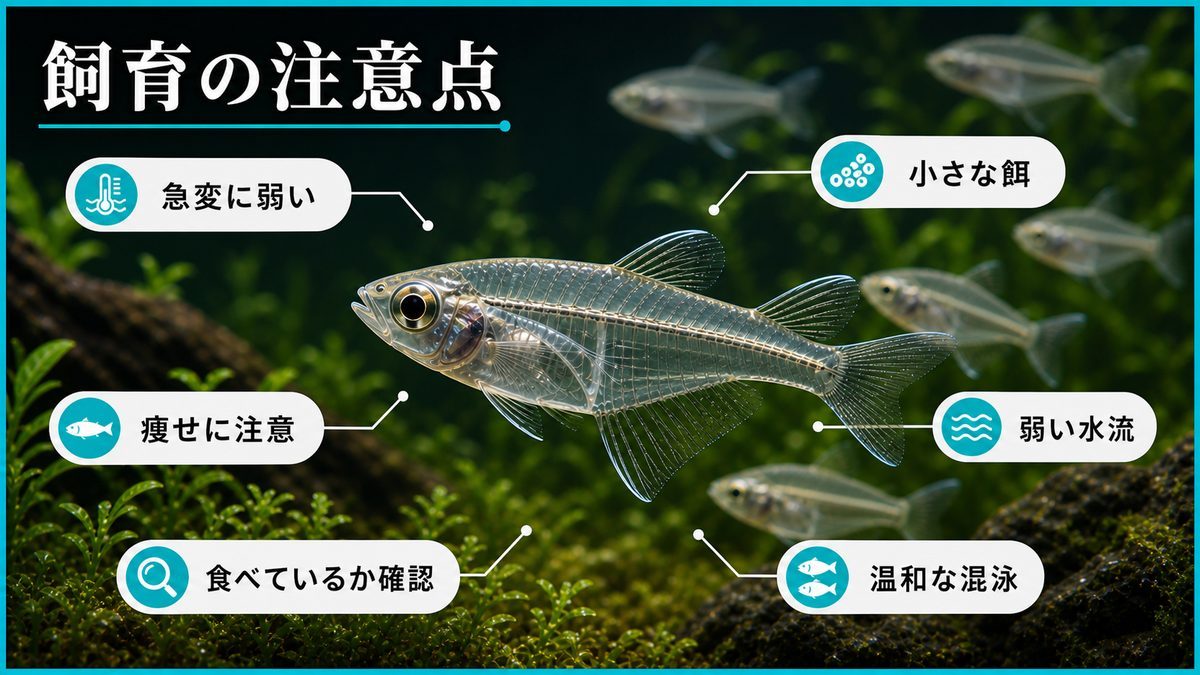 3,インディアングラスフィッシュを飼育する上で気をつけるべきポイントについての要点をまとめた淡水魚飼育インフォグラフィック