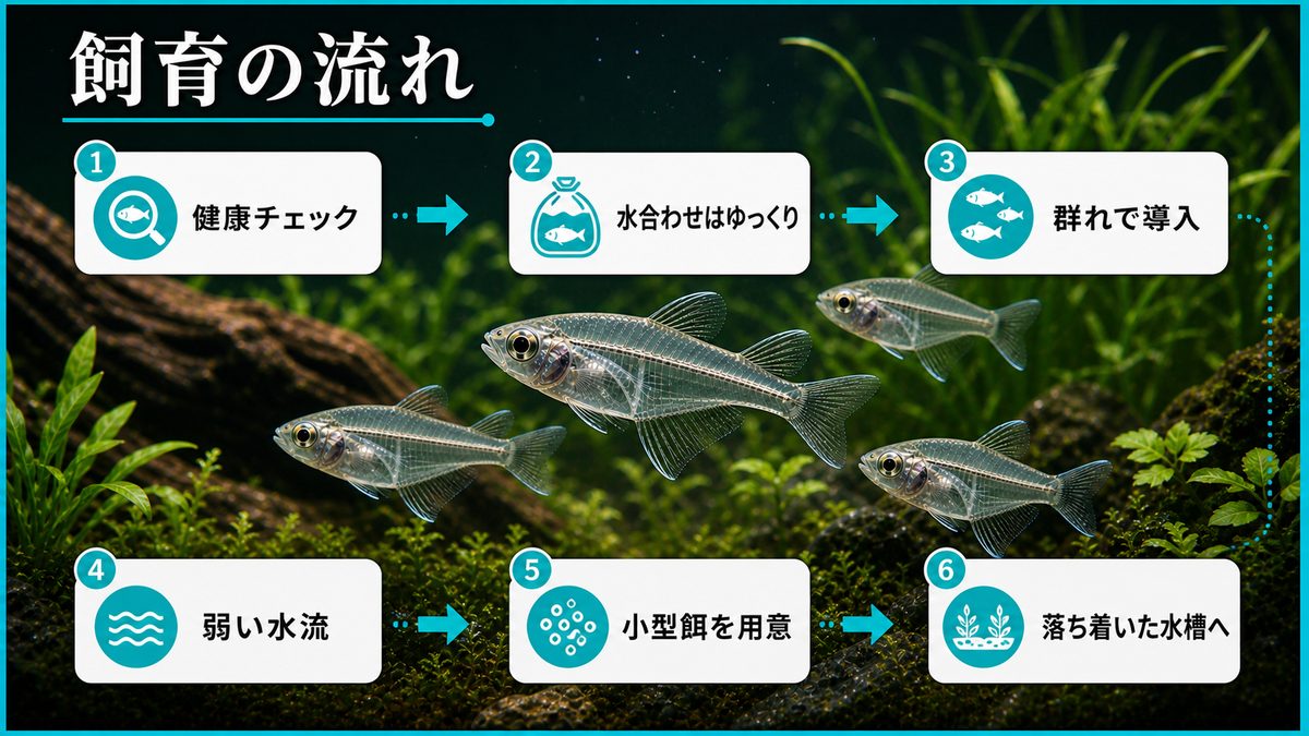4,インディアングラスフィッシュの飼育方法についての要点をまとめた淡水魚飼育インフォグラフィック