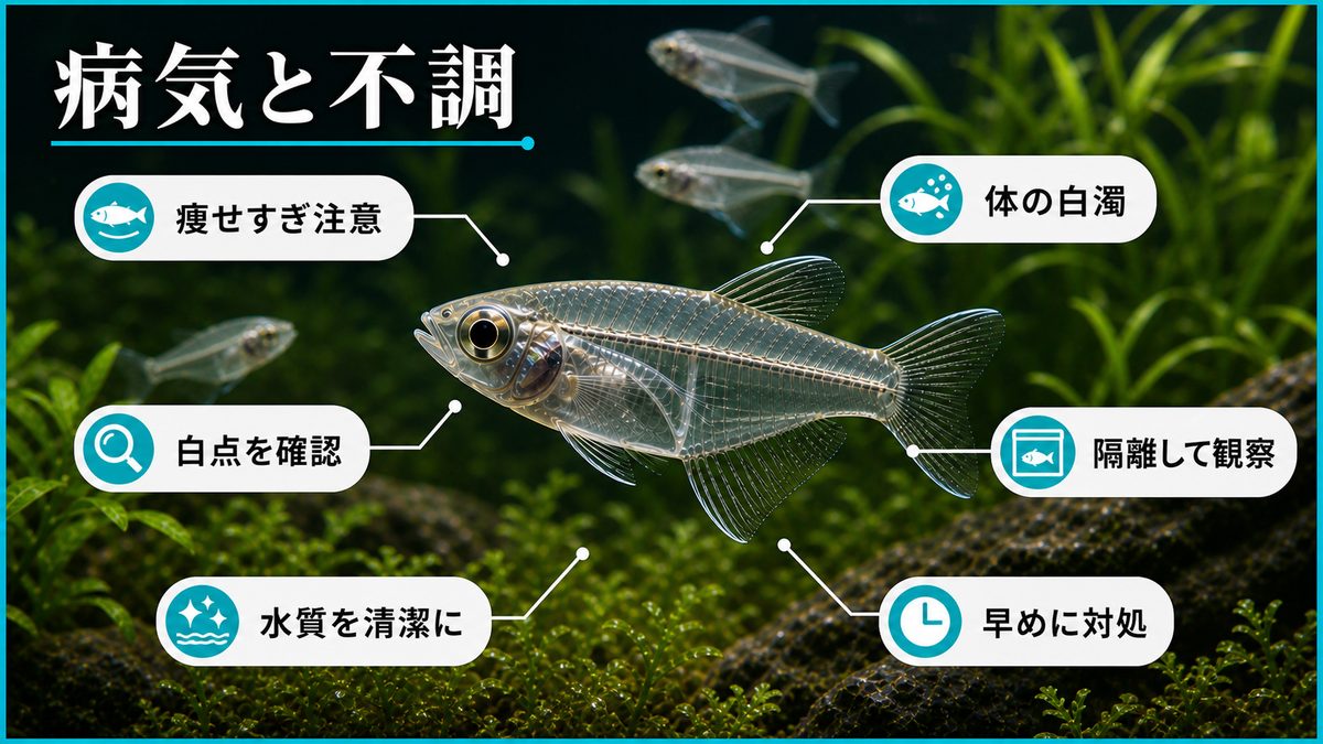 5,インディアングラスフィッシュがかかりやすい病気と治療方法についての要点をまとめた淡水魚飼育インフォグラフィック