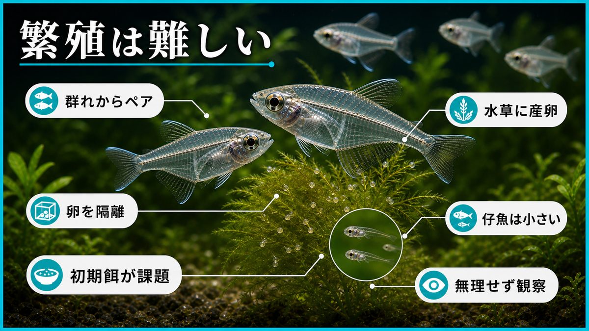 6,インディアングラスフィッシュの繁殖についての要点をまとめた淡水魚飼育インフォグラフィック