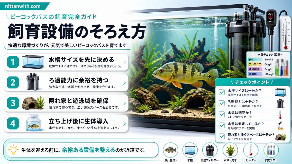 飼育に必要な環境と設備の要点をまとめた淡水魚飼育インフォグラフィック