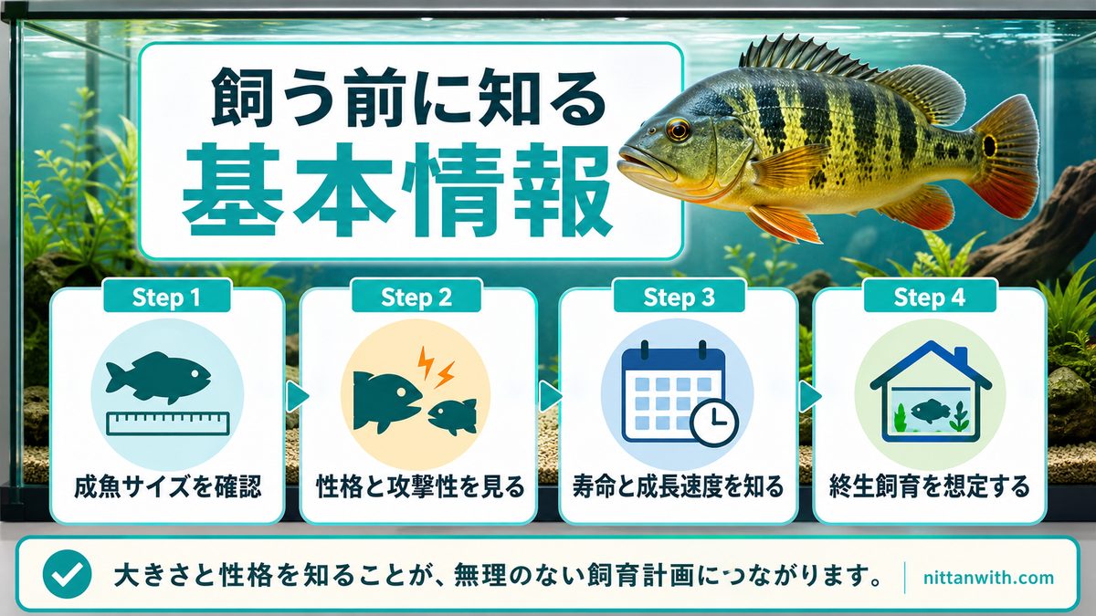 ピーコックバスとはどんな魚かの要点をまとめた淡水魚飼育インフォグラフィック
