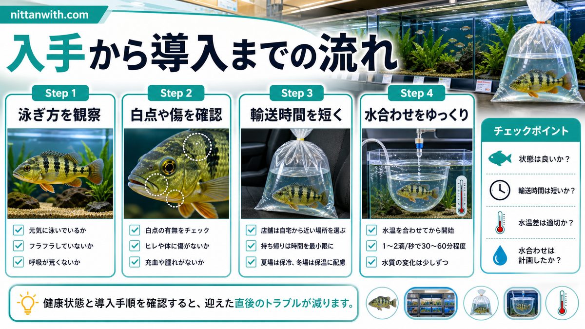 ピーコックバス購入ガイドと初期費用の目安の要点をまとめた淡水魚飼育インフォグラフィック