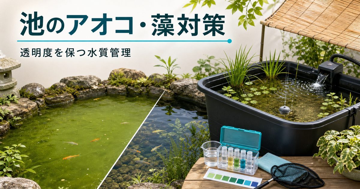 池のアオコ・藻の除去と予防完全ガイド｜透明度を保つ水質管理の要点を伝える淡水魚記事アイキャッチ画像