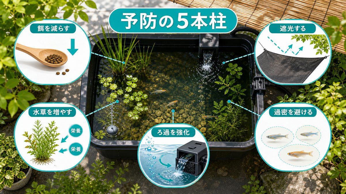 アオコ・藻の予防:根本対策5つの要点をまとめた淡水魚飼育インフォグラフィック