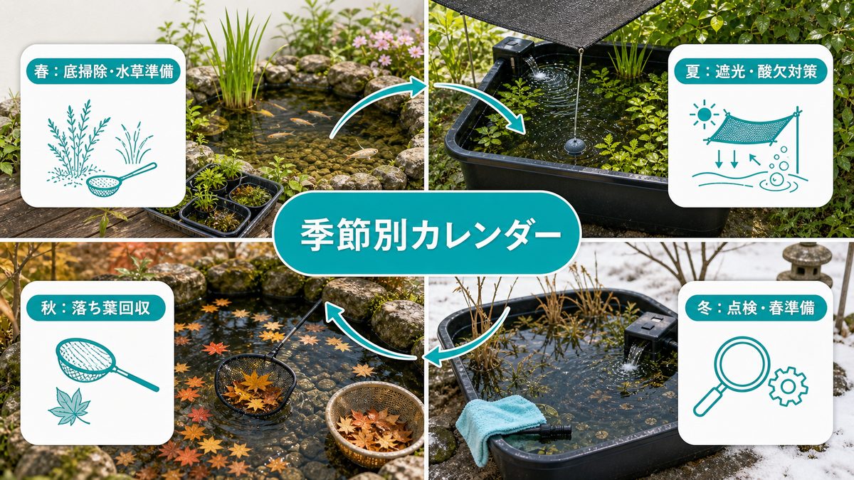 季節別のアオコ・藻対策カレンダーの要点をまとめた淡水魚飼育インフォグラフィック