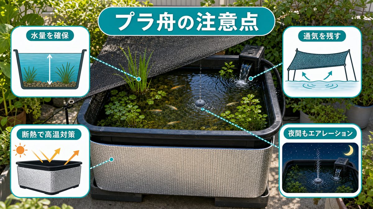 プラ舟・コンテナ池でのアオコ対策特有の注意点の要点をまとめた淡水魚飼育インフォグラフィック