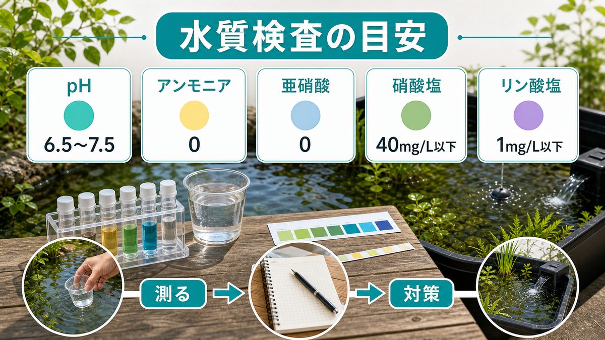 水質検査と管理指標の読み方の要点をまとめた淡水魚飼育インフォグラフィック
