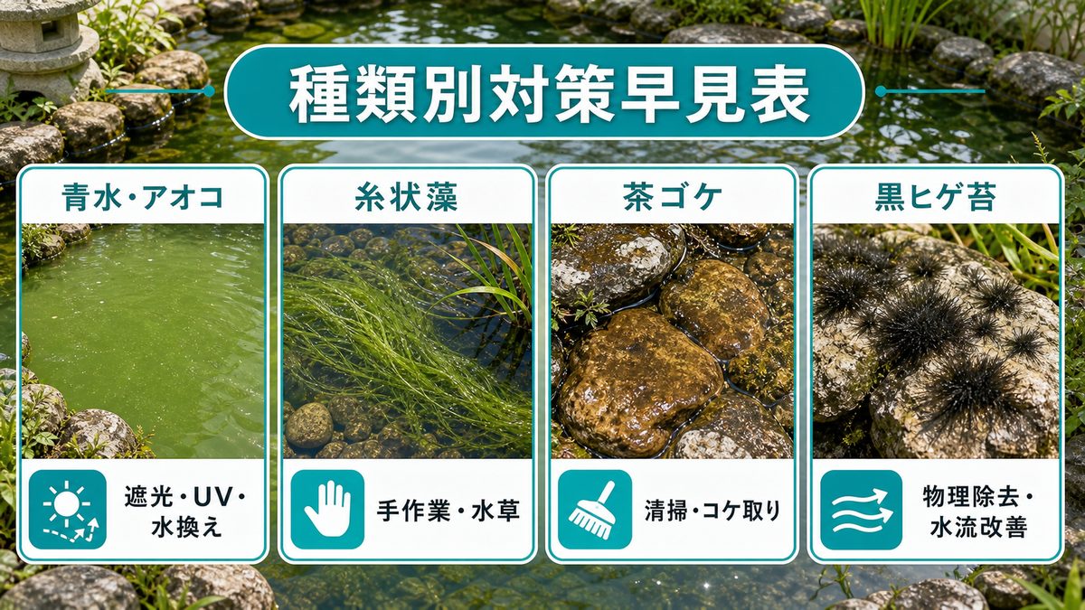 アオコ・藻の種類別対策早見表の要点をまとめた淡水魚飼育インフォグラフィック