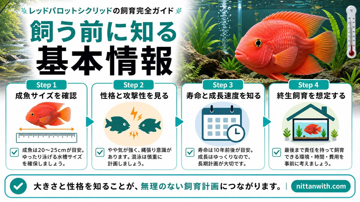 レッドパロットシクリッドとはどんな魚かの要点をまとめた淡水魚飼育インフォグラフィック