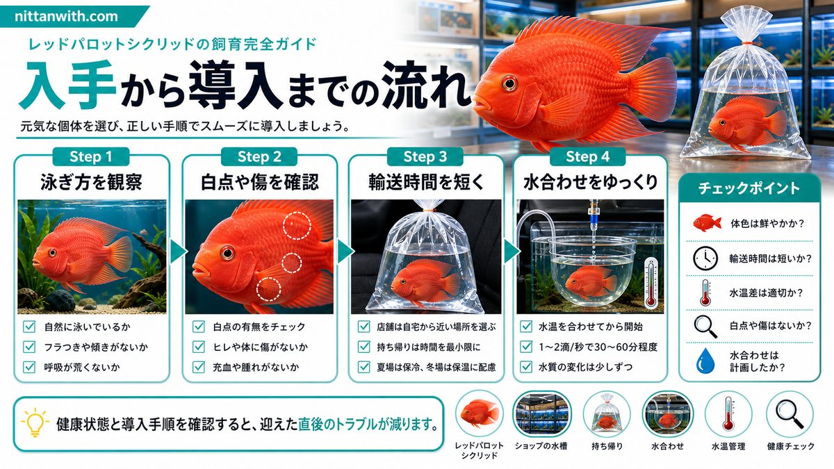 レッドパロットシクリッドの購入ガイドと健康チェックの要点をまとめた淡水魚飼育インフォグラフィック