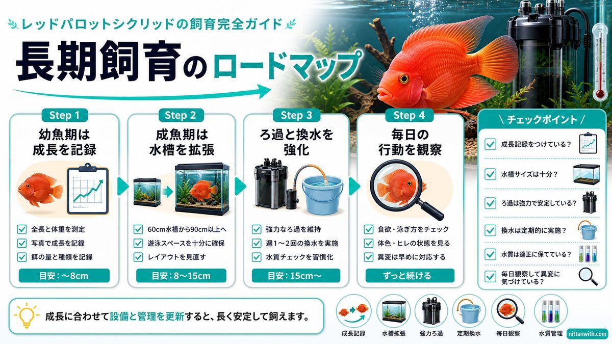 レッドパロットシクリッドの長期飼育ロードマップの要点をまとめた淡水魚飼育インフォグラフィック