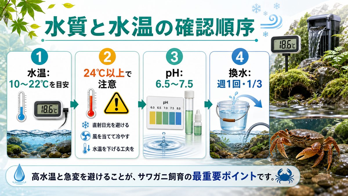 水質・水温の管理(高水温対策が最重要)の要点をまとめた淡水魚飼育インフォグラフィック