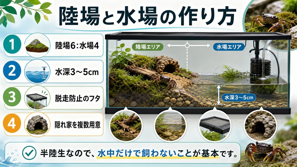 サワガニの飼育に必要なもの・環境の作り方の要点をまとめた淡水魚飼育インフォグラフィック