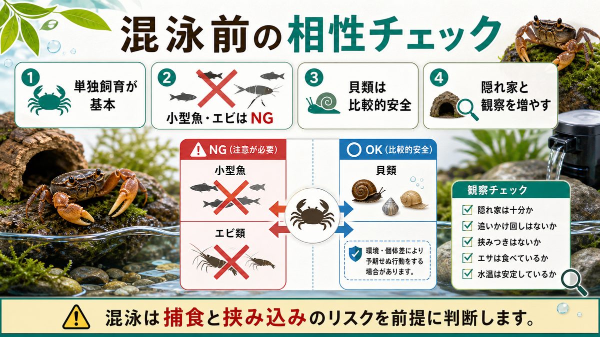 混泳についての要点をまとめた淡水魚飼育インフォグラフィック