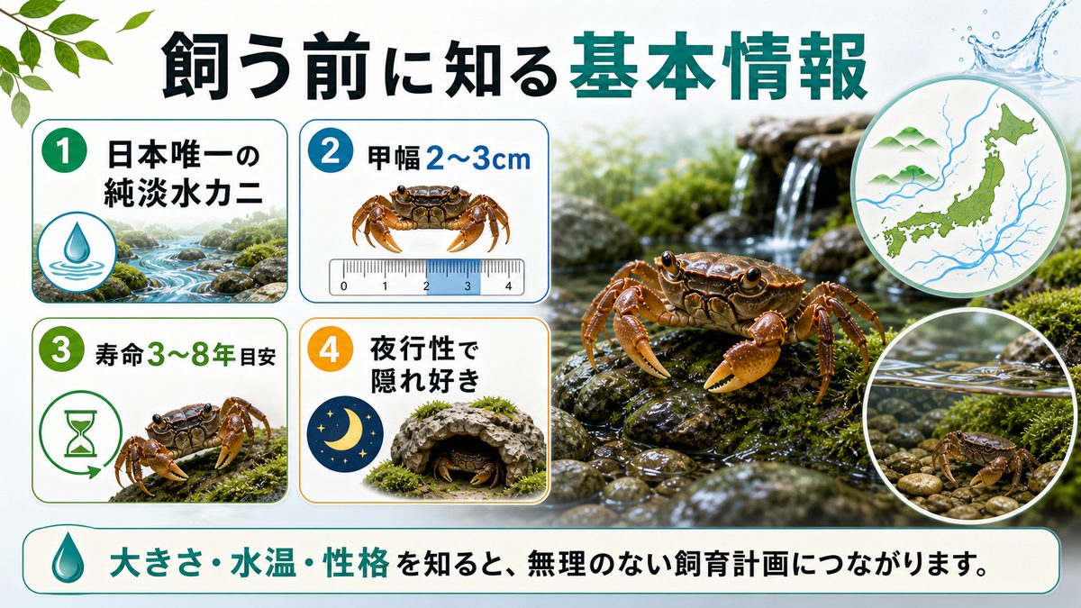 サワガニの基本情報の要点をまとめた淡水魚飼育インフォグラフィック