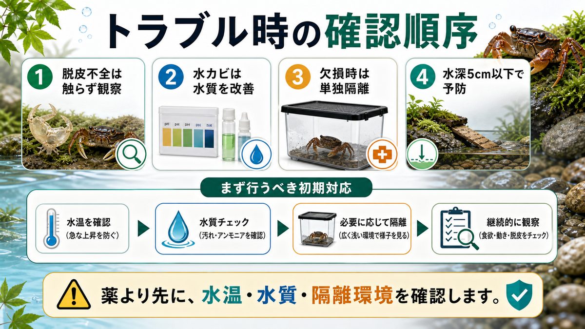 かかりやすい病気・ケガと対処法の要点をまとめた淡水魚飼育インフォグラフィック