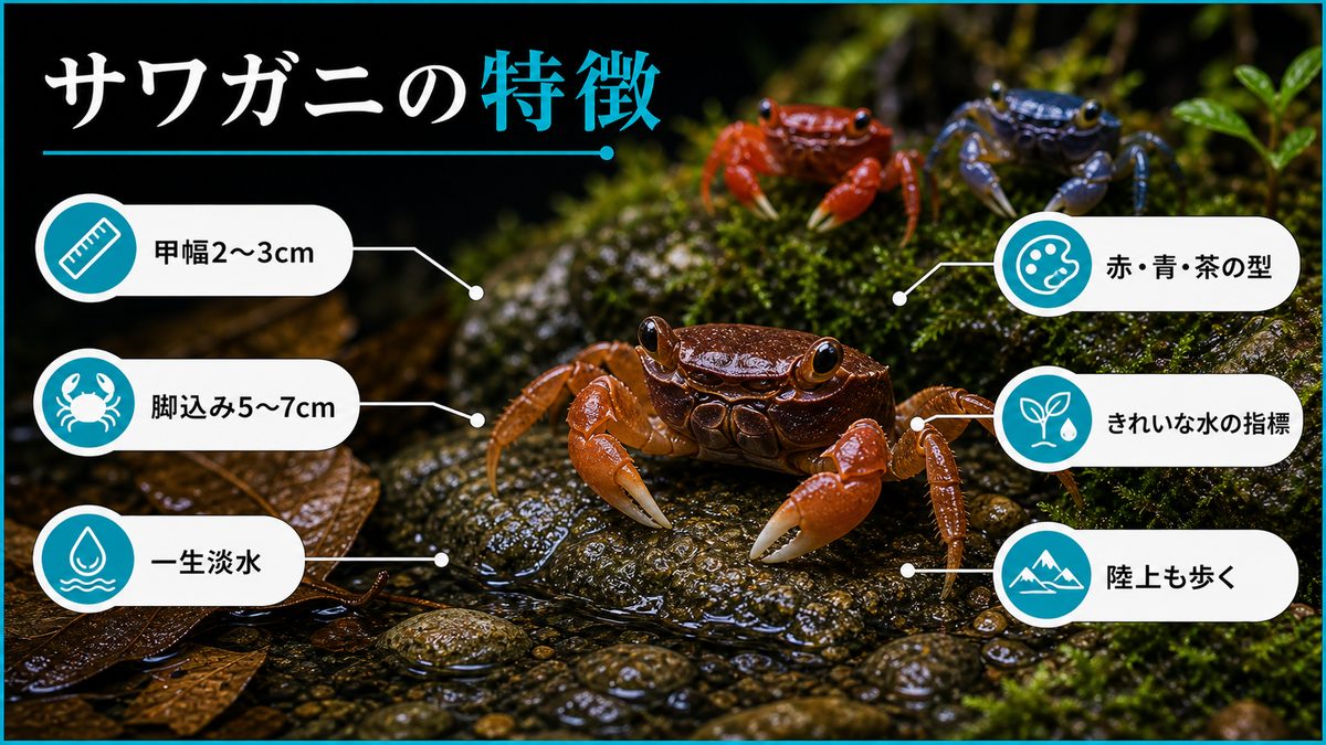 1,サワガニってどんなカニ？の要点をまとめた淡水魚飼育インフォグラフィック