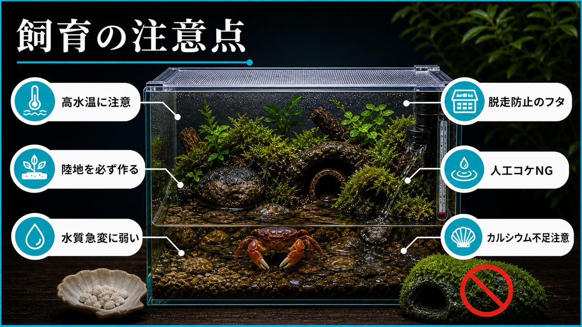 2,サワガニを飼育する際の注意すべきポイントについての要点をまとめた淡水魚飼育インフォグラフィック