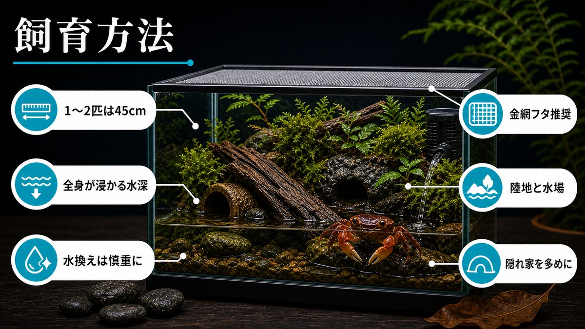 3,サワガニの飼育方法についての要点をまとめた淡水魚飼育インフォグラフィック