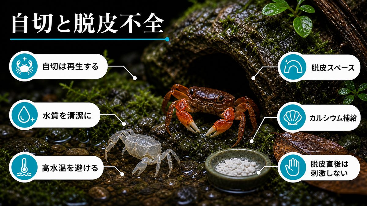 4,サワガニが陥りやすい病気やケガについての要点をまとめた淡水魚飼育インフォグラフィック