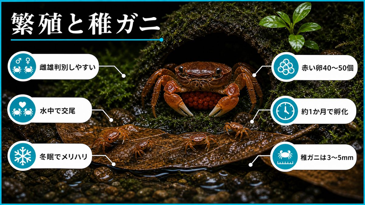 5,サワガニの繁殖についての要点をまとめた淡水魚飼育インフォグラフィック