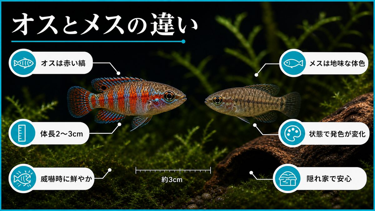 見た目の美しさ|オスとメスで別物レベルの要点をまとめた淡水魚飼育インフォグラフィック