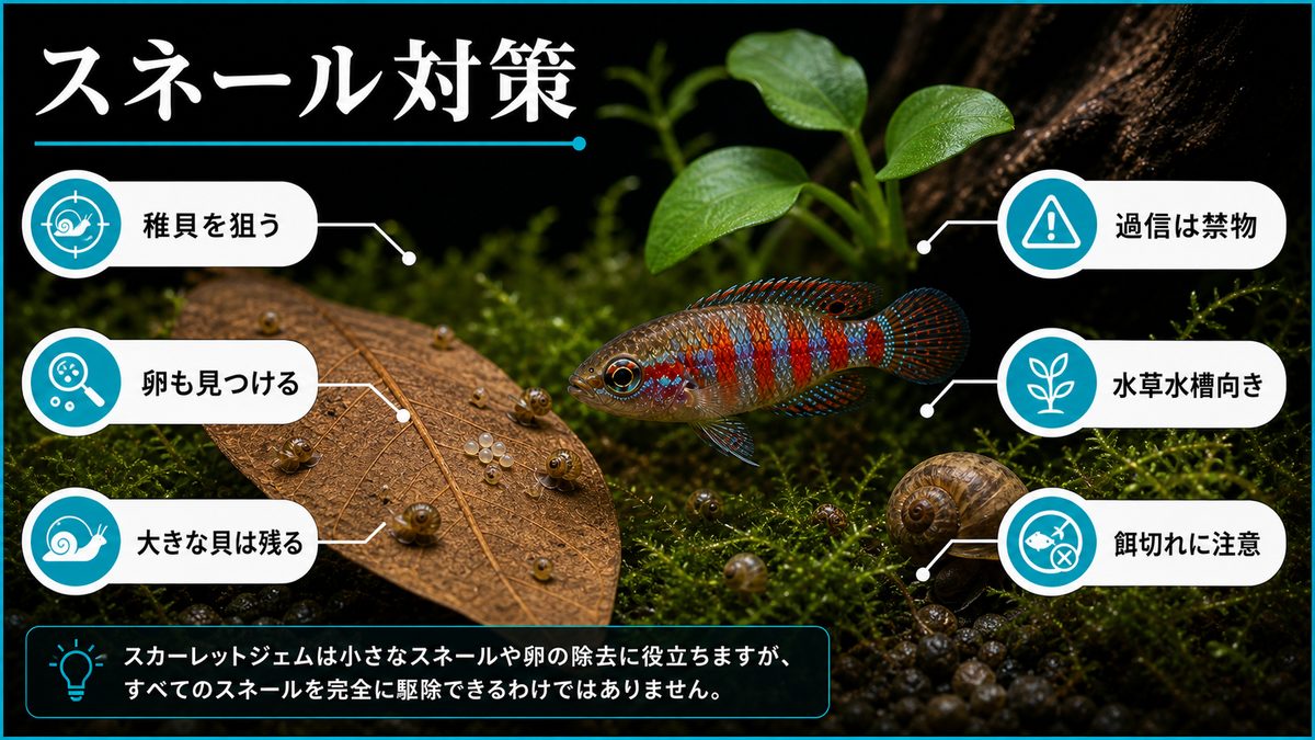 スネール駆除能力|掃除屋としての実力の要点をまとめた淡水魚飼育インフォグラフィック