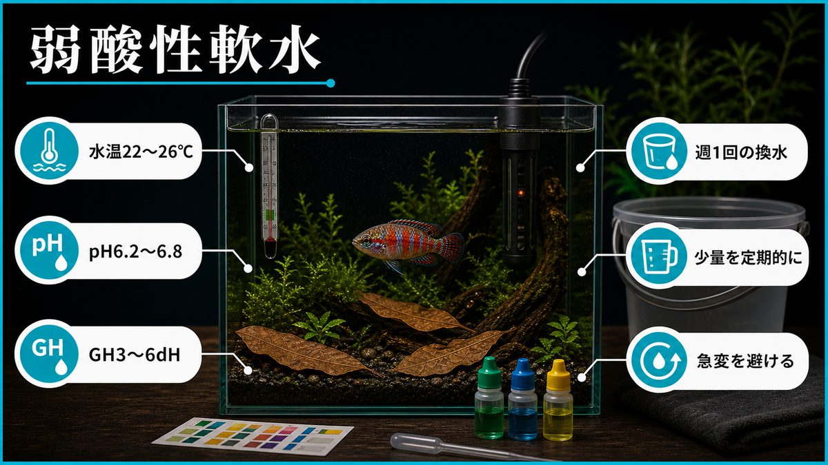 水質・水温管理|弱酸性軟水を長期維持の要点をまとめた淡水魚飼育インフォグラフィック