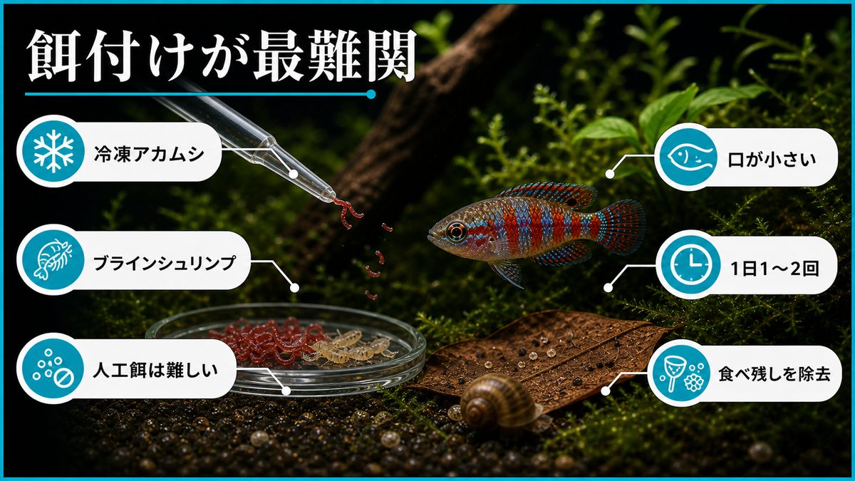 餌の与え方|最難関は「餌付け」の要点をまとめた淡水魚飼育インフォグラフィック