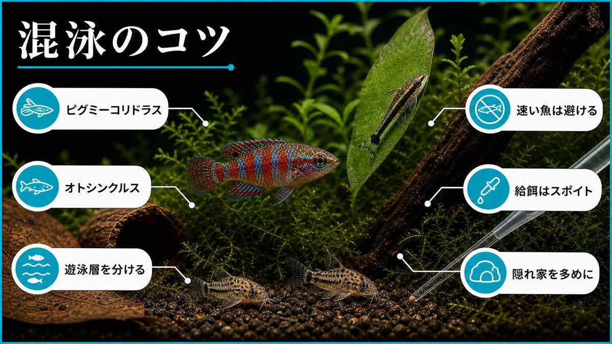 混泳について|コリドラスが最有力候補の要点をまとめた淡水魚飼育インフォグラフィック