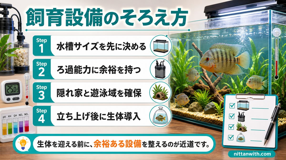 セベラム飼育に必要な水槽・機材の選び方の要点をまとめた淡水魚飼育インフォグラフィック
