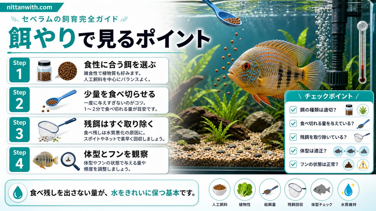 セベラムの餌と給餌方法の要点をまとめた淡水魚飼育インフォグラフィック