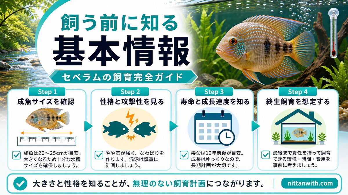 セベラムの基本情報と生態の要点をまとめた淡水魚飼育インフォグラフィック