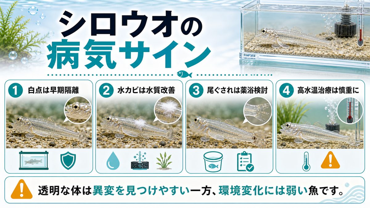 かかりやすい病気と対処法の要点をまとめた淡水魚飼育インフォグラフィック