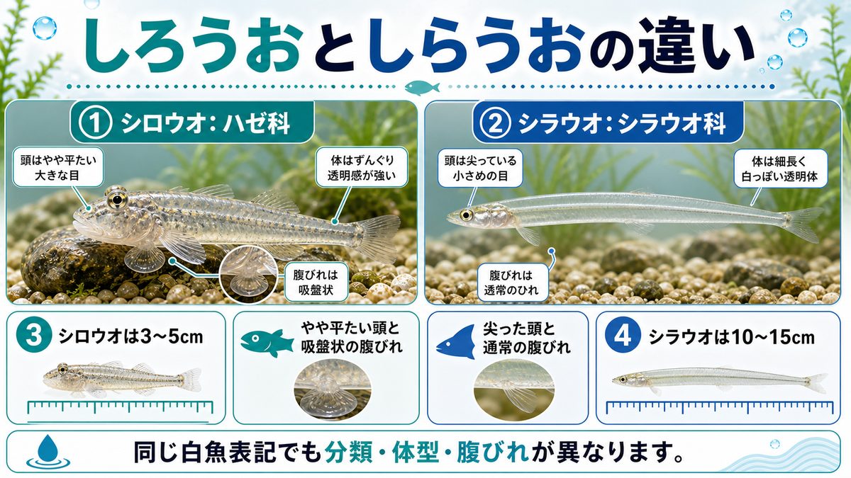 「しろうお」と「しらうお」の違いの要点をまとめた淡水魚飼育インフォグラフィック