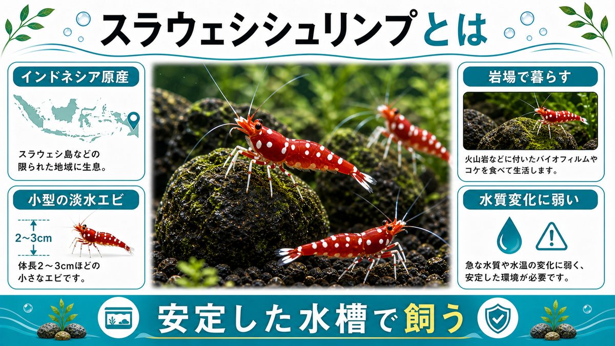 1,スラウェシシュリンプとは何ぞや？の要点をまとめた淡水魚飼育インフォグラフィック