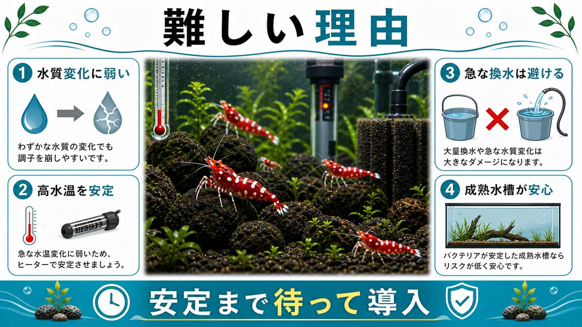 2,スラウェシシュリンプの飼育が難しいとされる理由とは？の要点をまとめた淡水魚飼育インフォグラフィック