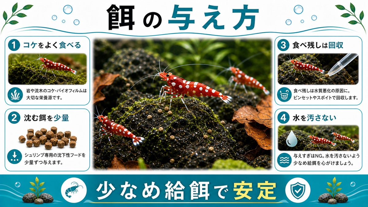 4,スラウェシシュリンプの餌は？の要点をまとめた淡水魚飼育インフォグラフィック