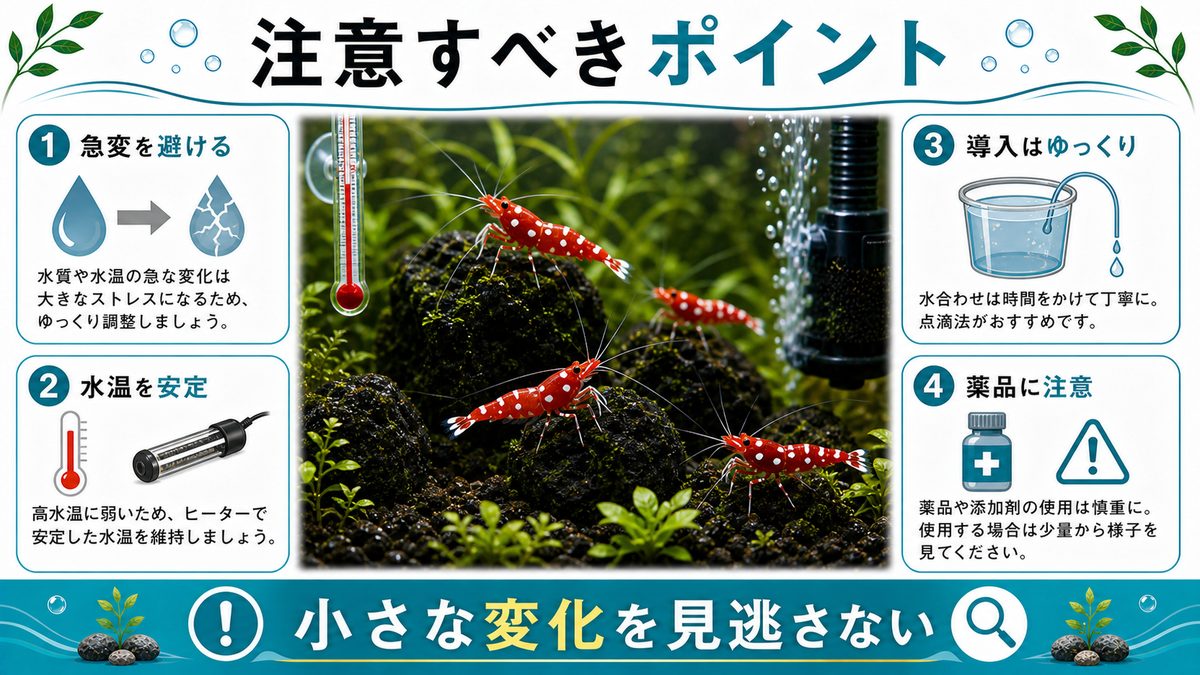 5,スラウェシシュリンプの飼育における注意すべきポイントとは？の要点をまとめた淡水魚飼育インフォグラフィック