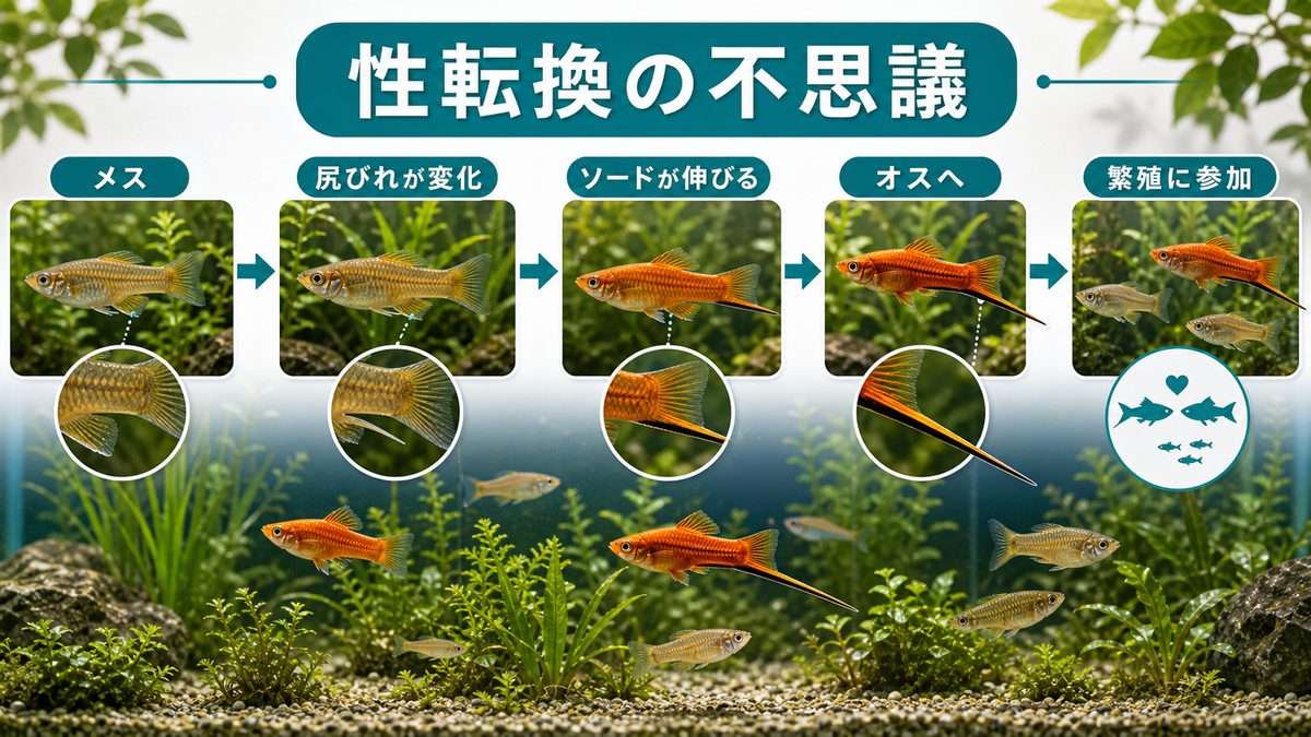 ソードテールの最大の特徴|性転換の不思議の要点をまとめた淡水魚飼育インフォグラフィック