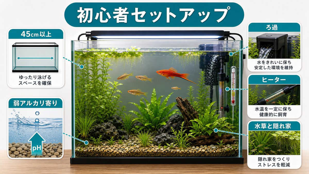 ソードテール飼育に必要な機材|初心者向けセットアップの要点をまとめた淡水魚飼育インフォグラフィック