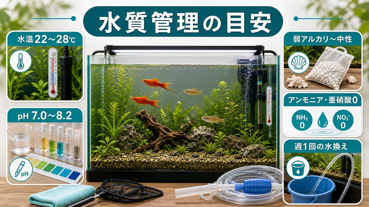 水質・水温管理|アルカリ性を好むソードテールの要点をまとめた淡水魚飼育インフォグラフィック